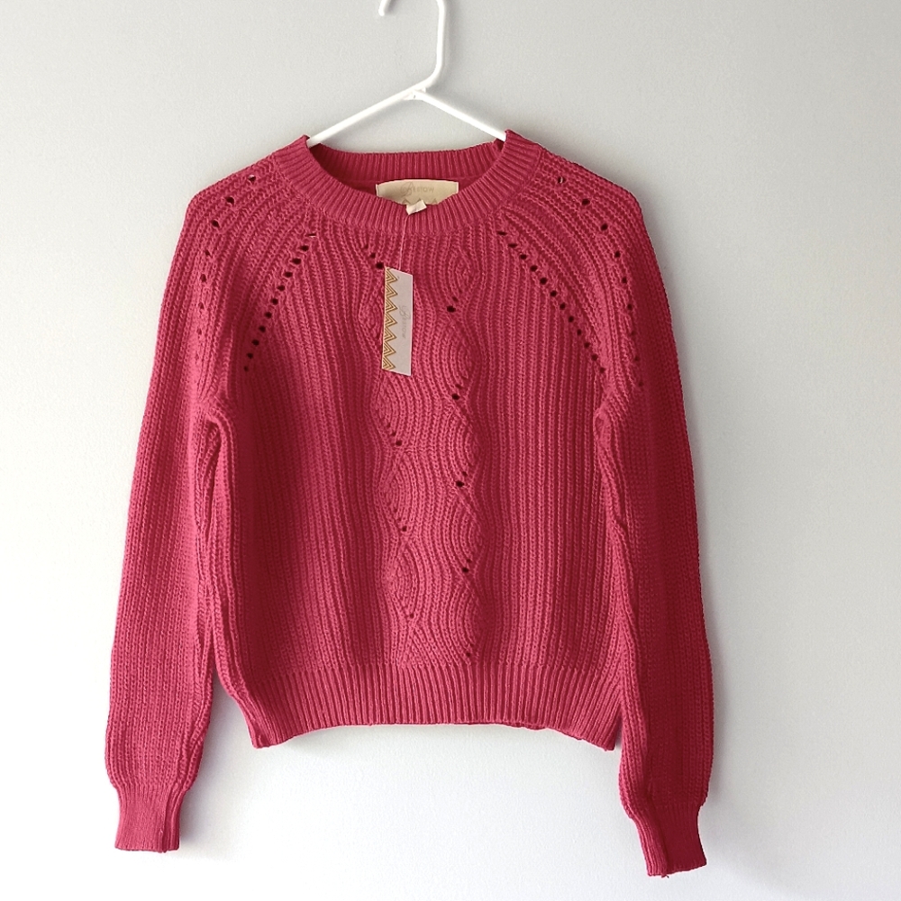 New Bestow Knit Sweater Cotton Blend Long-Sleeve Crewneck Berry Red Pink XL